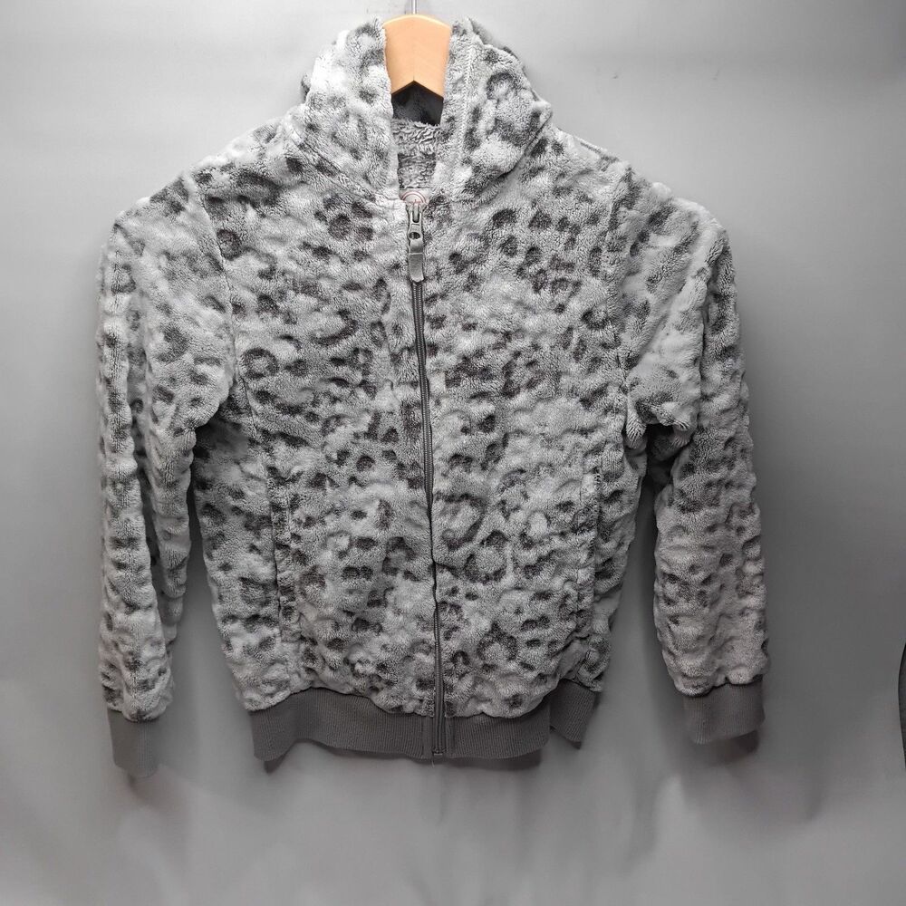 Wonder Nation Zip Up Plush Hoodie Girls Medium 7/8 Leopard Print Gray And White